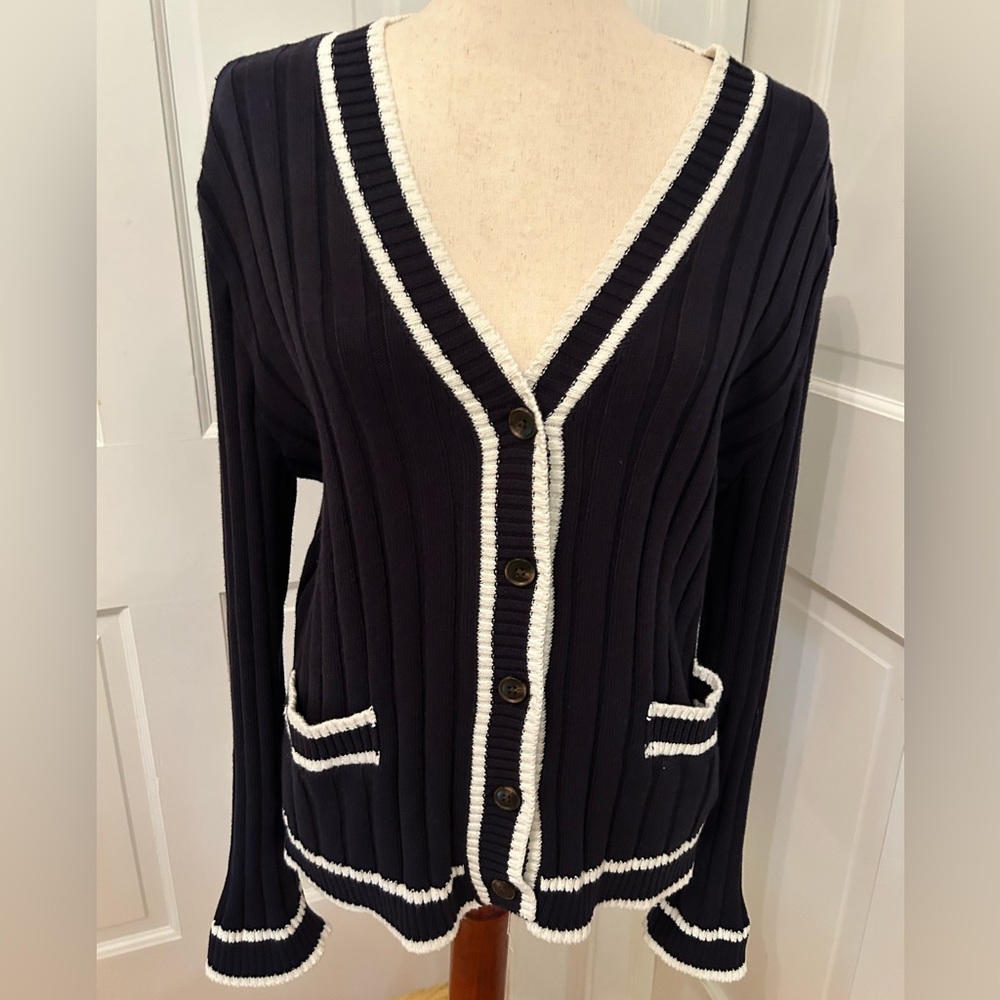 FAHERTY Game Set Ribbed Knit Cardigan Navy Sz Lg Cashmere Organic Cotton‎ - Picture 11 of 11